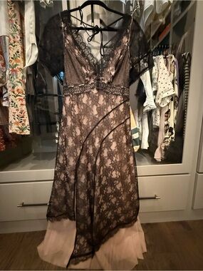 By Anthropologie Black Lace Overlay Slip Dress Blush S